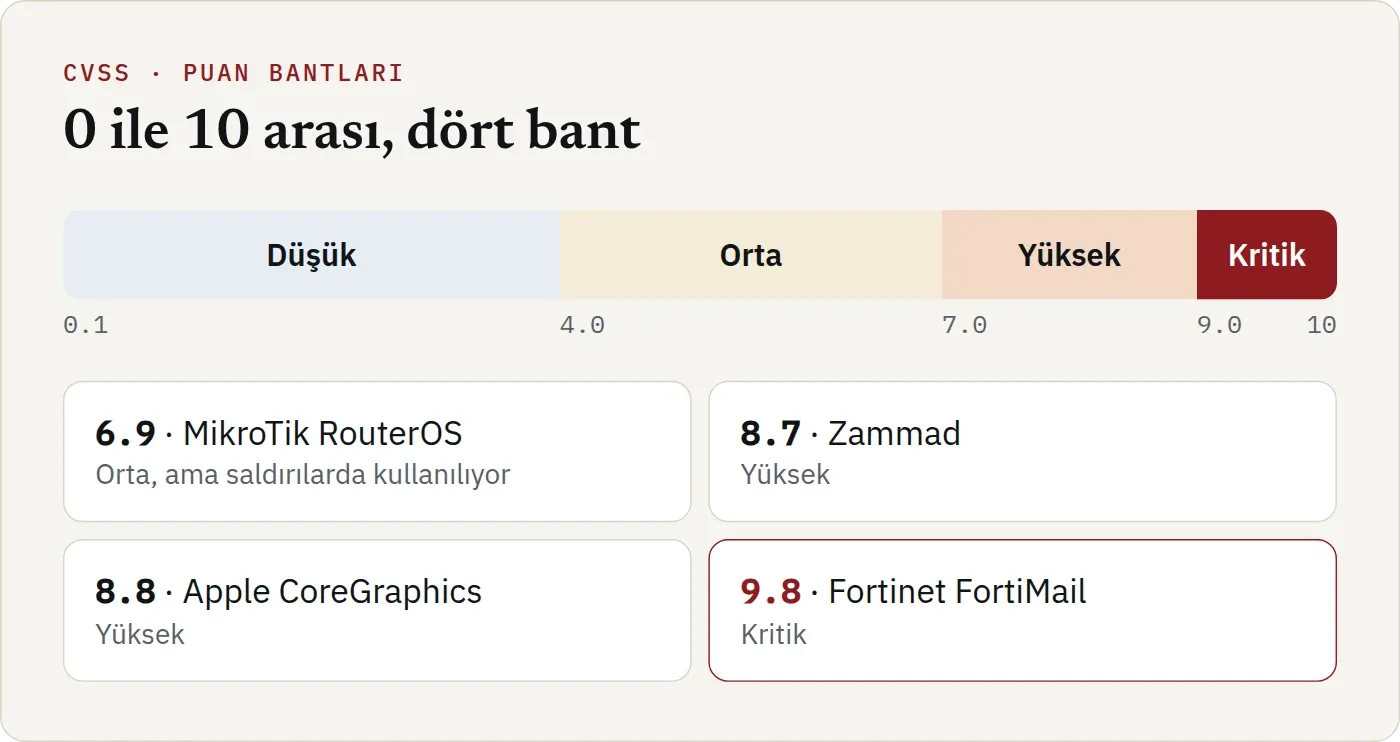 CVSS puan bantları. 0.1 ile 3.9 arası düşük, 4.0 ile 6.9 arası orta, 7.0 ile 8.9 arası yüksek, 9.0 ile 10 arası kritik. Sitedeki örnekler: MikroTik RouterOS 6.9 orta ama saldırılarda kullanılıyor, Zammad 8.7 yüksek, Apple CoreGraphics 8.8 yüksek, Fortinet FortiMail 9.8 kritik.